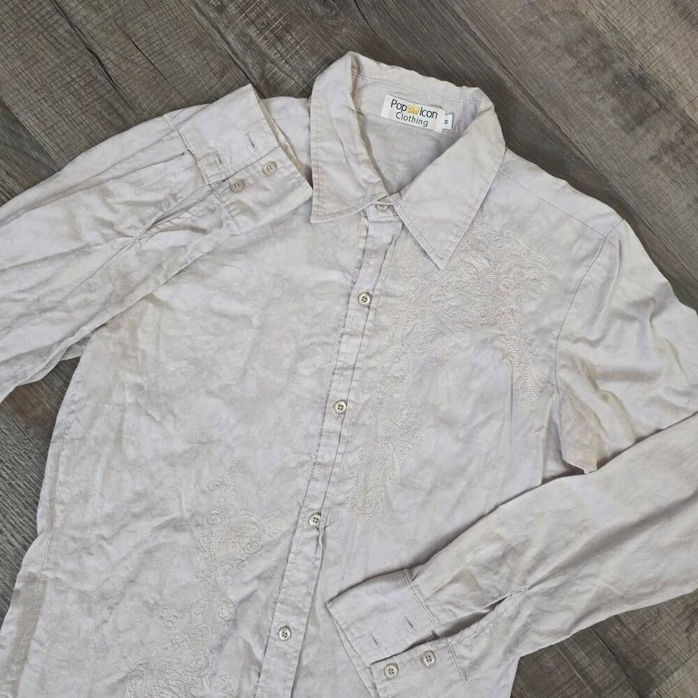Pop Icon Clothing Men's Tan Long Sleeve Embroidered Button Up Dress Shirt Size M